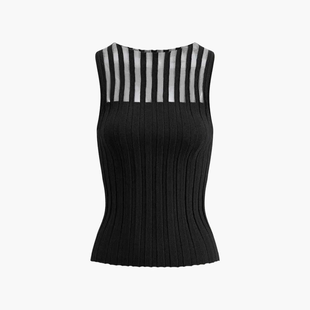 Commense Black Ribbed Sleeveless Sheer Yoke Top